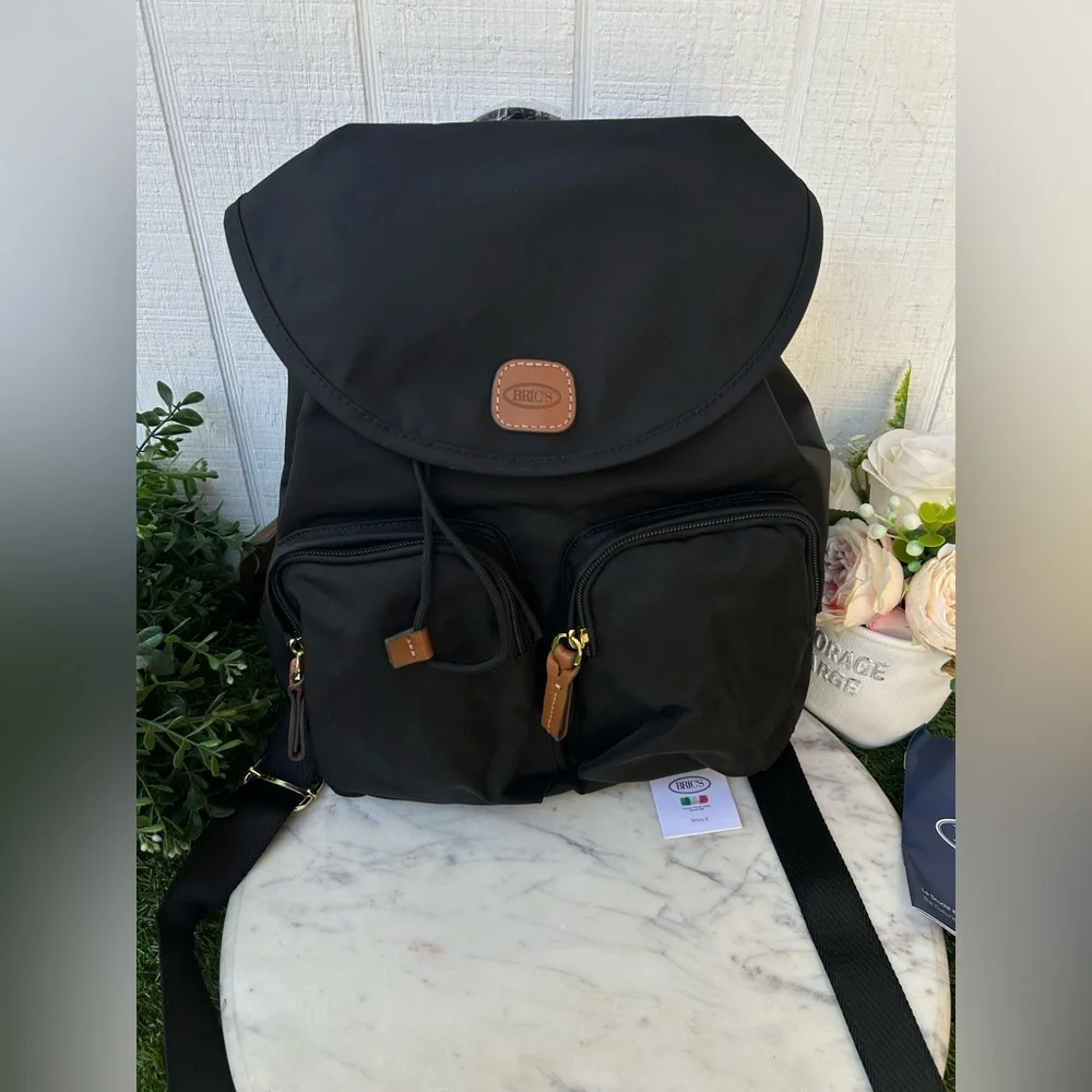 Bric's Black Nylon Backpack with Tan Leather Trim